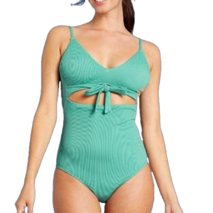 Shade & Shore Teal Ribbed Cutout One Piece Swimsuit Tie Back Medium